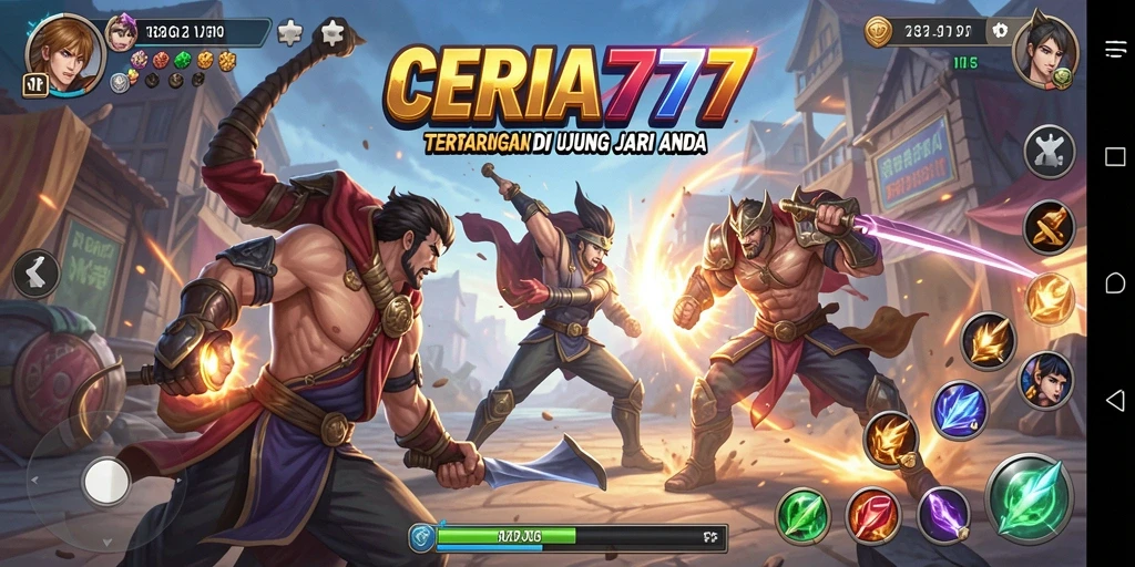 Screeshot utama CERIA777 menampilkan pertarungan dinamis antar karakter.