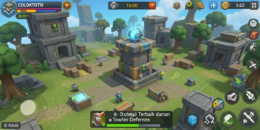 Tangkapan layar utama COLOKTOTO menampilkan aksi menara dalam Tower Defense.