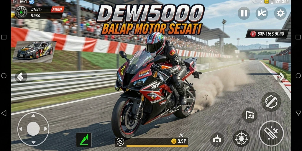 Screenshot gameplay DEWI5000 menampilkan aksi balap motor yang mendebarkan.