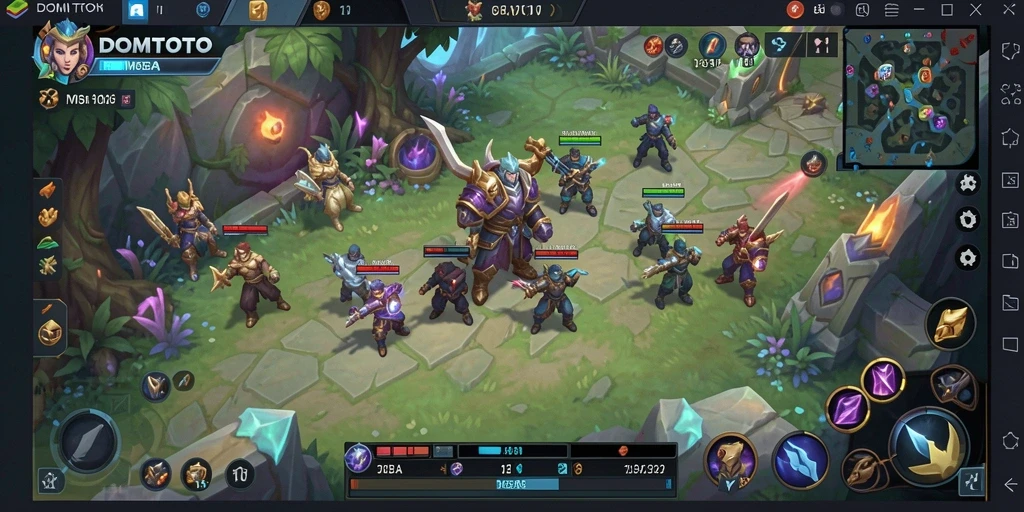 Tangkapan layar gameplay DOMTOTO yang menampilkan aksi pertempuran seru di arena.
