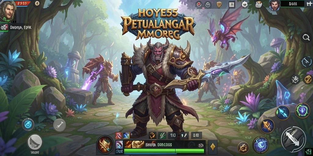 Screenshot utama HOYE55 menampilkan aksi seru dalam dunia MMORPG yang berwarna.