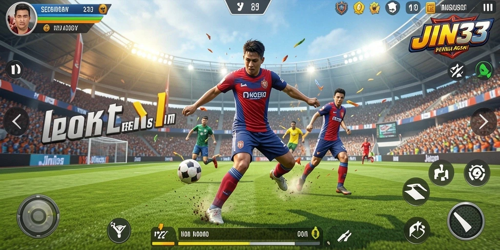 Tangkapan layar gameplay JIN33 menampilkan aksi sepak bola yang menegangkan.