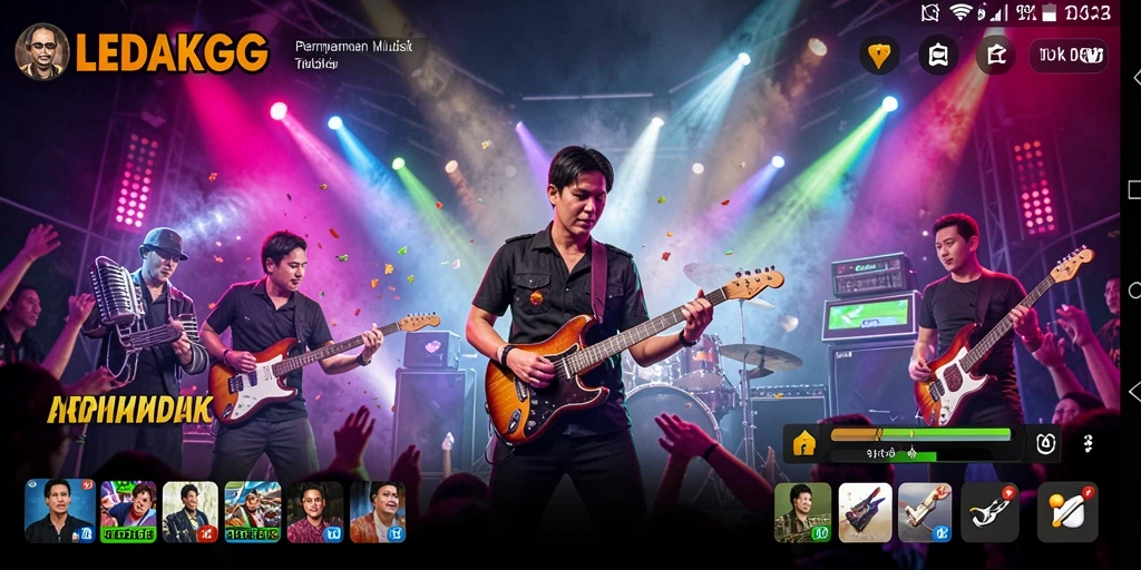 Menampilkan gameplay interaktif LEDAKGG dengan pilihan lagu yang bervariasi.