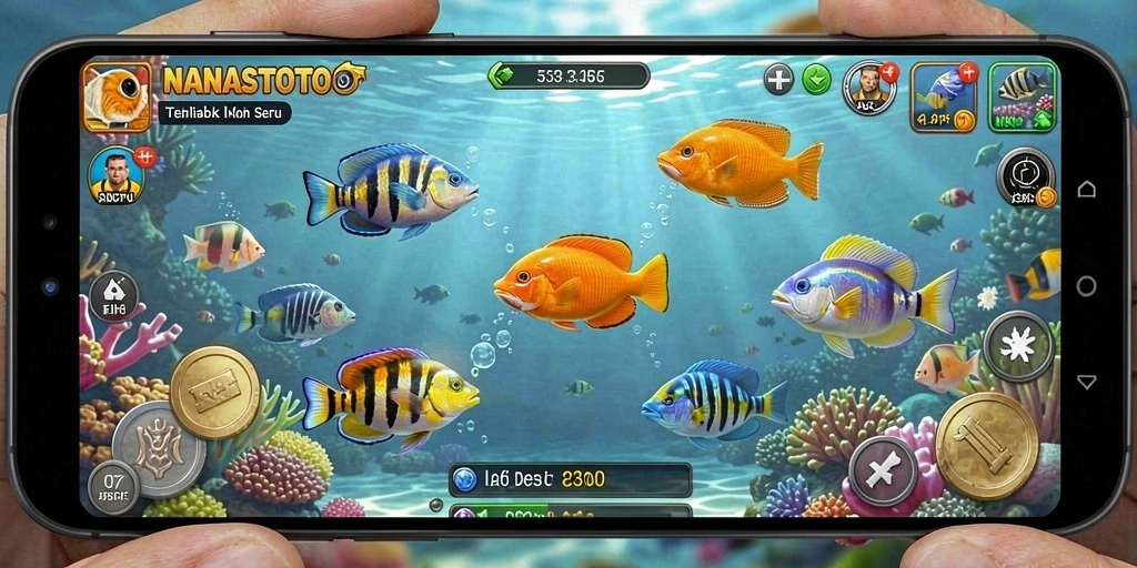 Tangkapan layar gameplay NANASTOTO menunjukkan aksi menembak ikan yang seru.