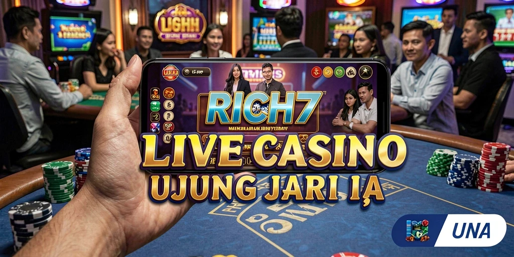Gameplay RICH7 menampilkan dealer langsung dalam suasana kasino yang mendebarkan.