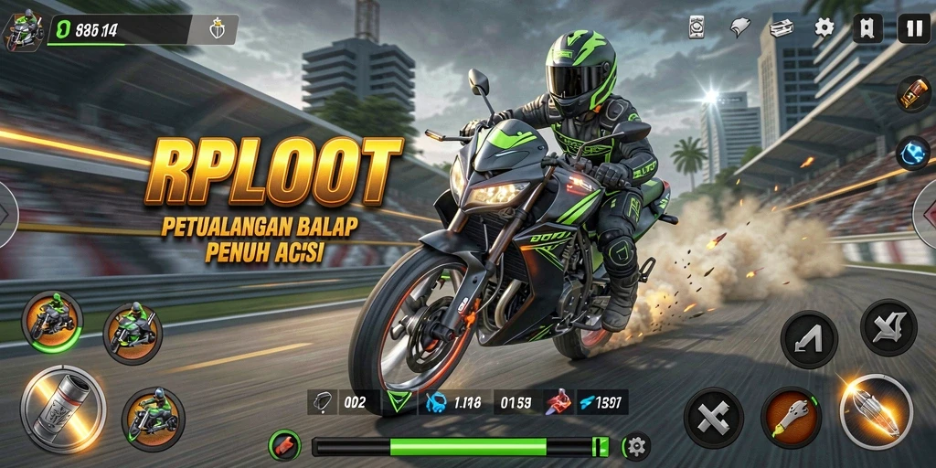 Tangkapan layar gameplay RPLOOT yang menampilkan aksi balap motor yang intens.